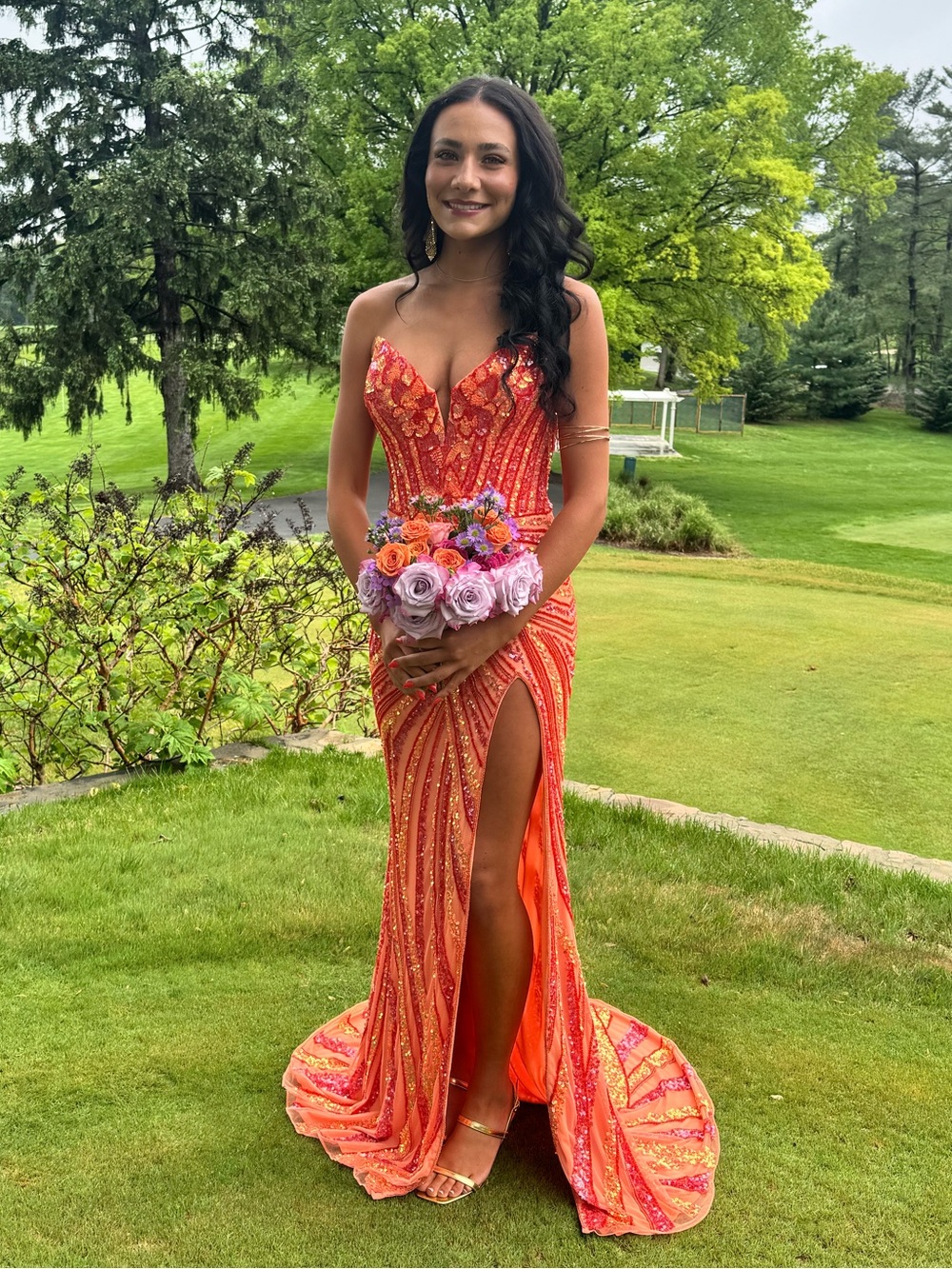 Laura Ashley Coral-Orange Beaded Strapless Prom Gown with High Slit